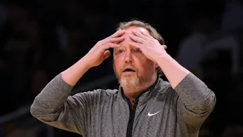 Former Milwaukee Bucks coach Mike Budenholzer reacts to a call against the Los Angeles Lakers, as we look at the latest Lakers next head coach odds after the team fired Darvin Ham on Friday.