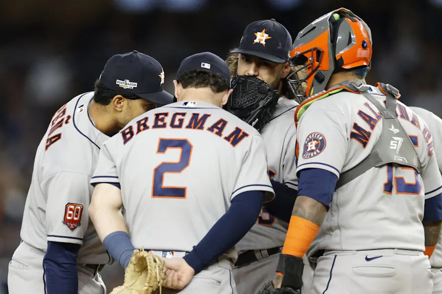 Lance McCullers Jr. #43 of the Houston Astros has a mound visit in the second inning against the New York Yankees in Game 4 of the American League Championship Series at Yankee Stadium.