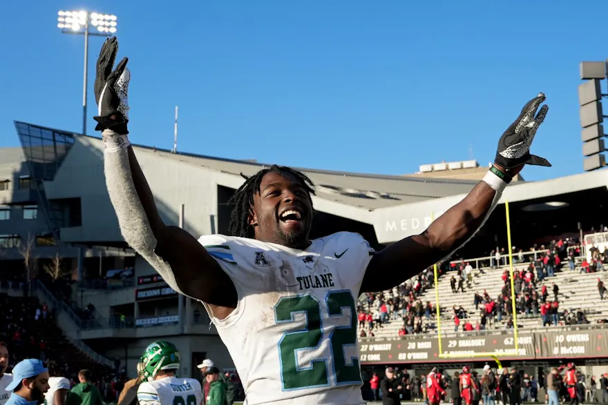 Tyjae Spears of the Tulane Green Wave celebrates after beating the Cincinnati Bearcats 27-24 at Nippert Stadium on November 25, 2022 in Cincinnati, Ohio.