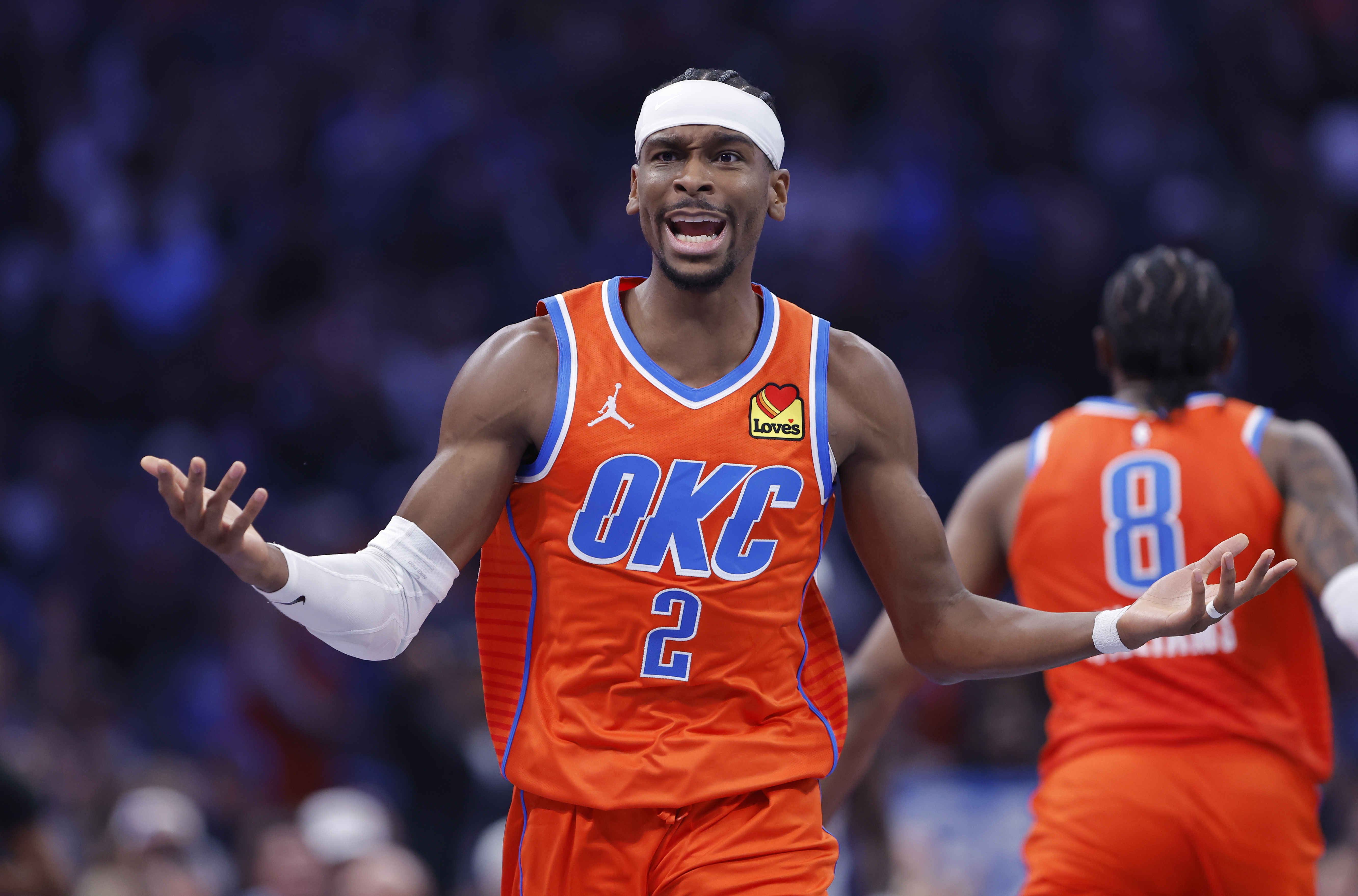 Oklahoma City Thunder guard Shai Gilgeous-Alexander (2), seen here reacting after a play, leads our Clippers vs. Thunder prediction.