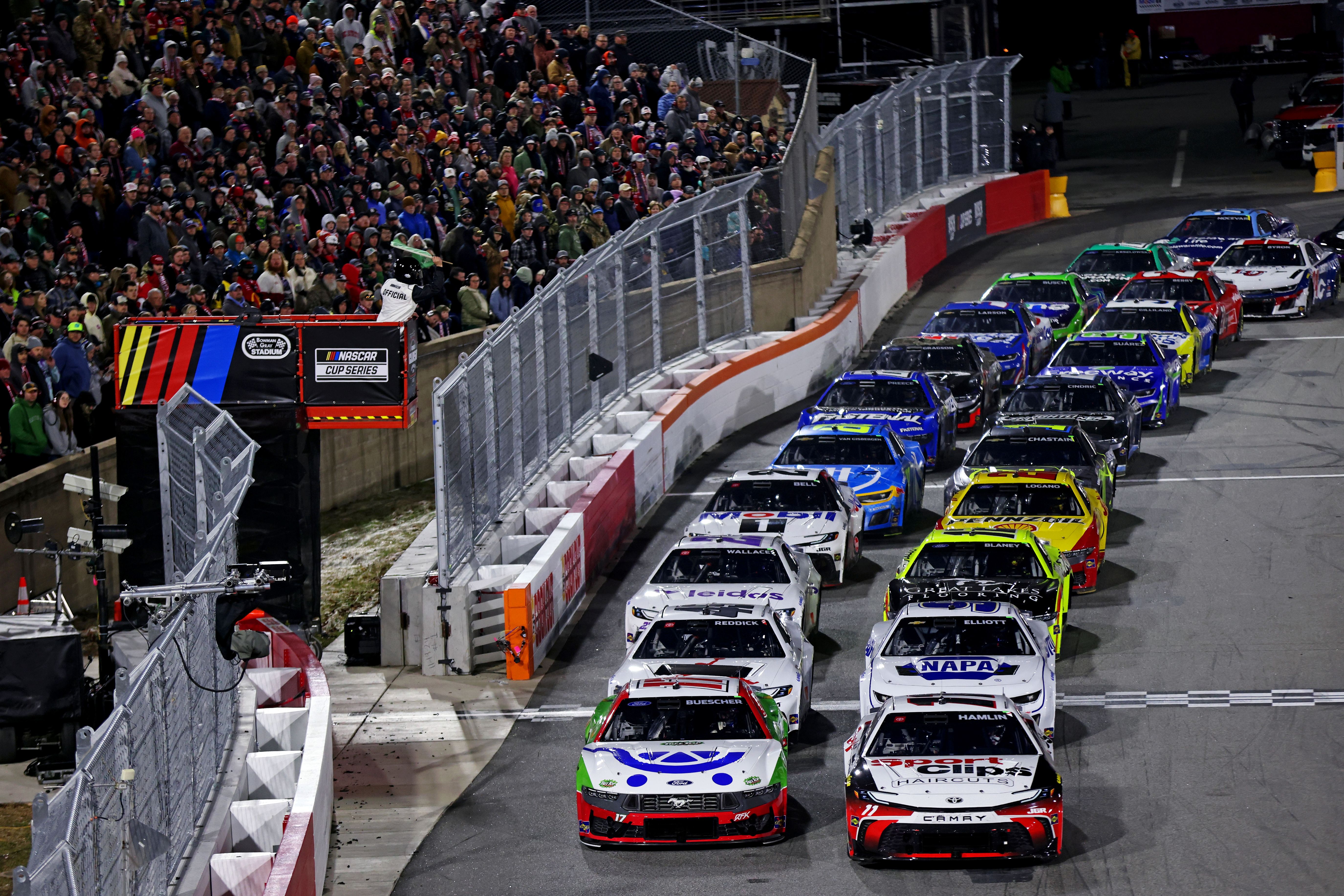 NASCAR Cup Series driver Denny Hamlin (11) and NASCAR Cup Series driver Chris Buescher (17) during the Clash at Bowman Gray at Bowman Gray Stadium.