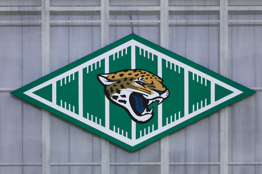 A Jacksonville Jaguars logo hangs as we look at the details of former employee Amit Patel suing FanDuel.