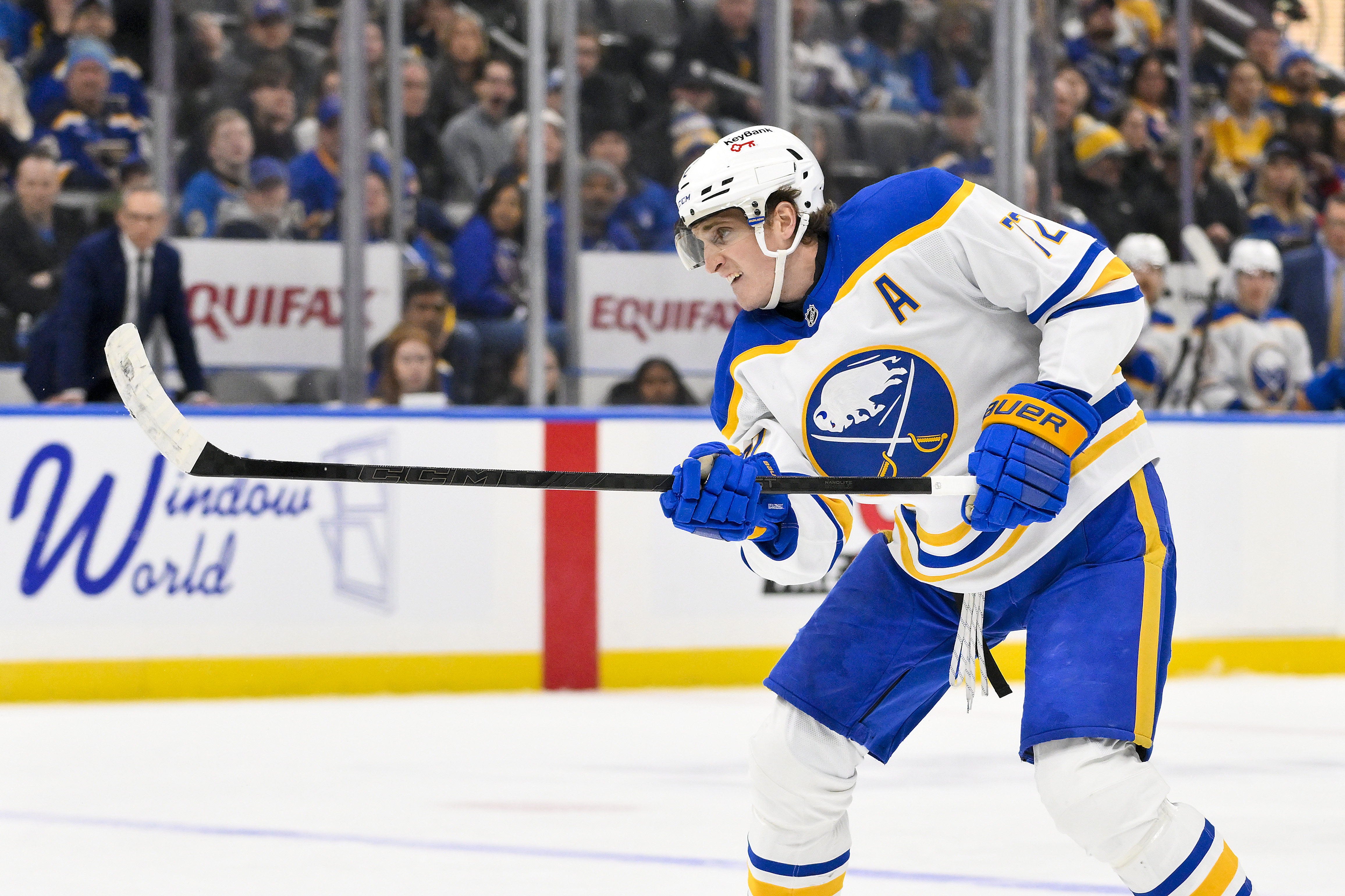 Buffalo Sabres forward Tage Thompson (72) shoots as we offer our NHL anytime goal scorer predictions today.