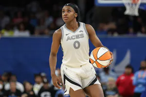 Jackie Young (0) looks on as we offer our best Mystics vs. Aces prediction and expert picks for Thursday's WNBA matchup at Michelob ULTRA Arena in Paradise, Nev.