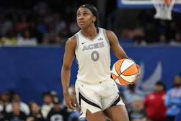 Jackie Young (0) looks on as we offer our best Mystics vs. Aces prediction and expert picks for Thursday's WNBA matchup at Michelob ULTRA Arena in Paradise, Nev.