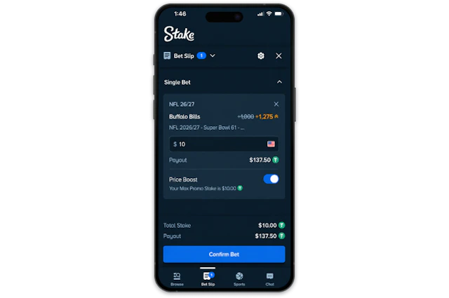 Stake.com betslip showing a $10 bet placed on the Buffalo Bills to win Super Bowl 61 at +1,275.