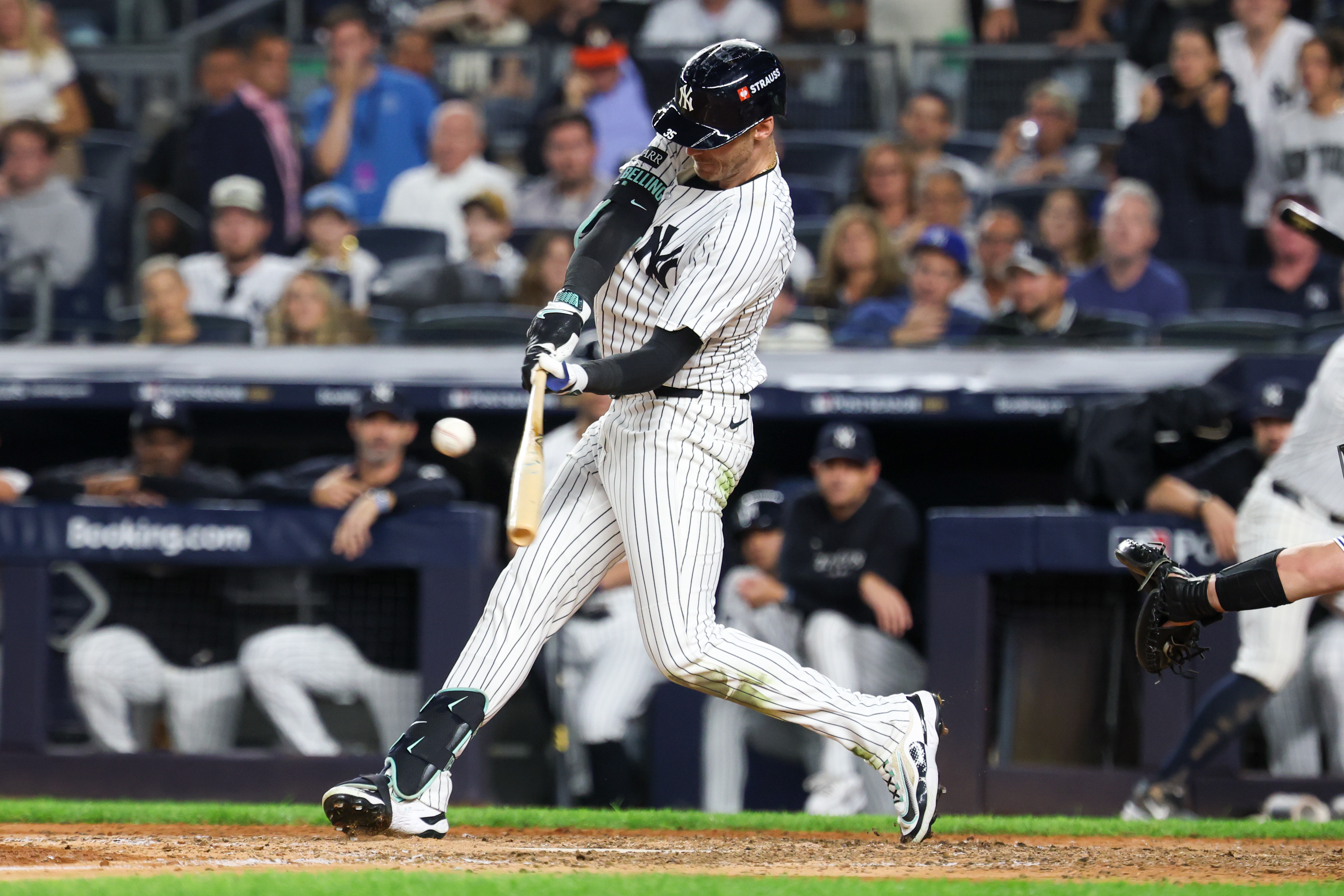 New York Yankees outfielder Cody Bellinger (35) hits a double as we break down our Cody Bellinger next team.