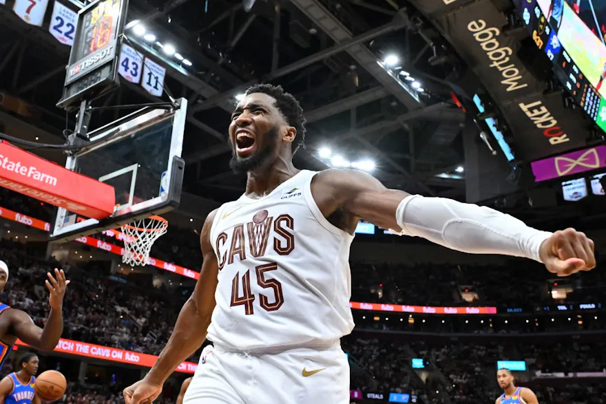 Donovan Mitchell of the Cleveland Cavaliers celebrates after scoring during the fourth quarter against the Oklahoma City Thunder, and we offer new U.S. bettors our exclusive BetRivers bonus code.