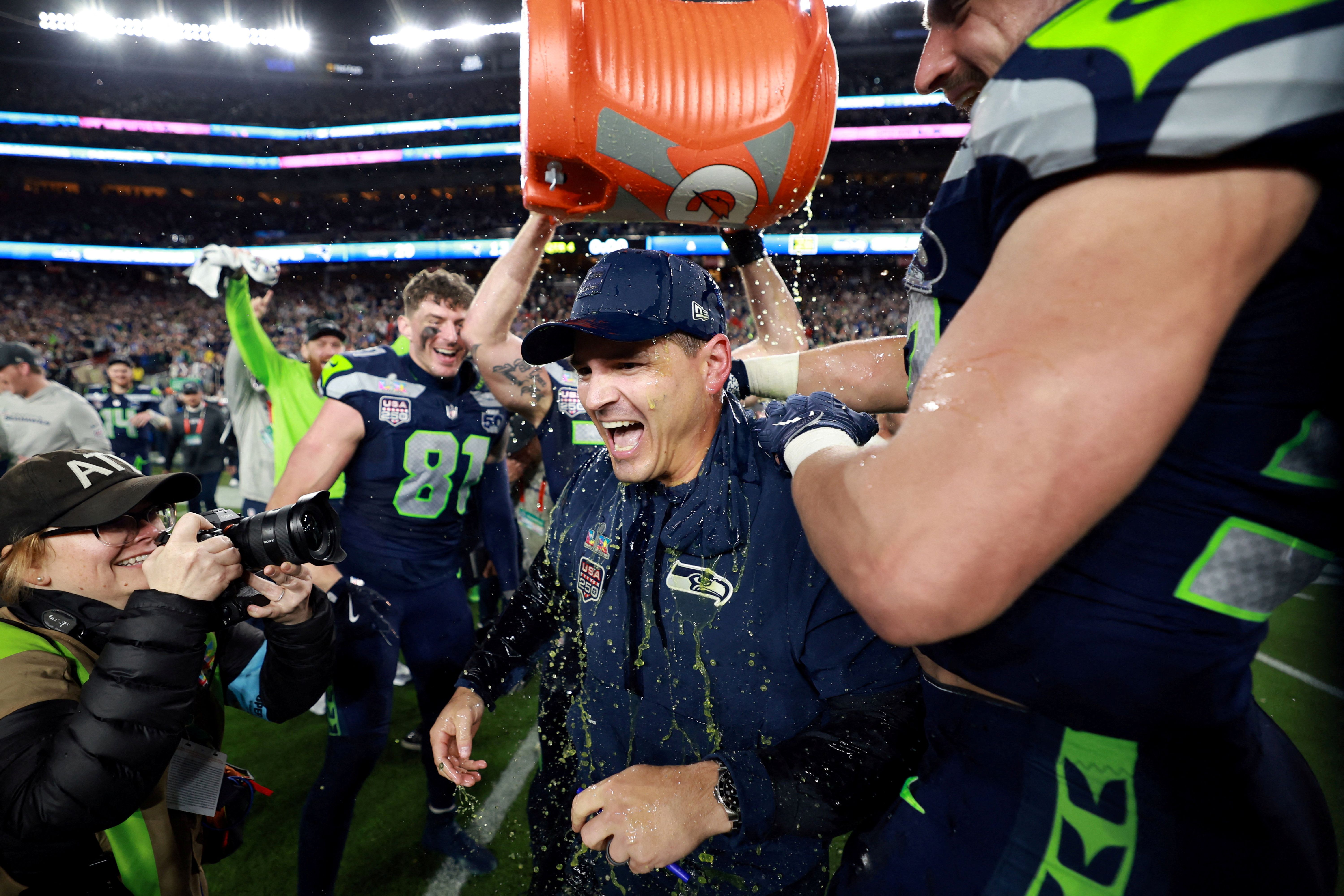 Seattle Seahawks head coach Mike MacDonald is doused with Gatorade as we look at the Super Bowl Gatorade color odds.