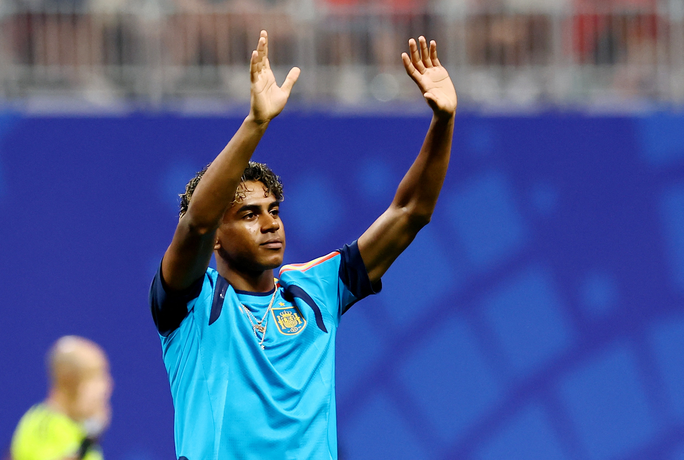 Spain's Lamine Yamal - featured in my Lamine Yamal props - salutes their fans after the match. 