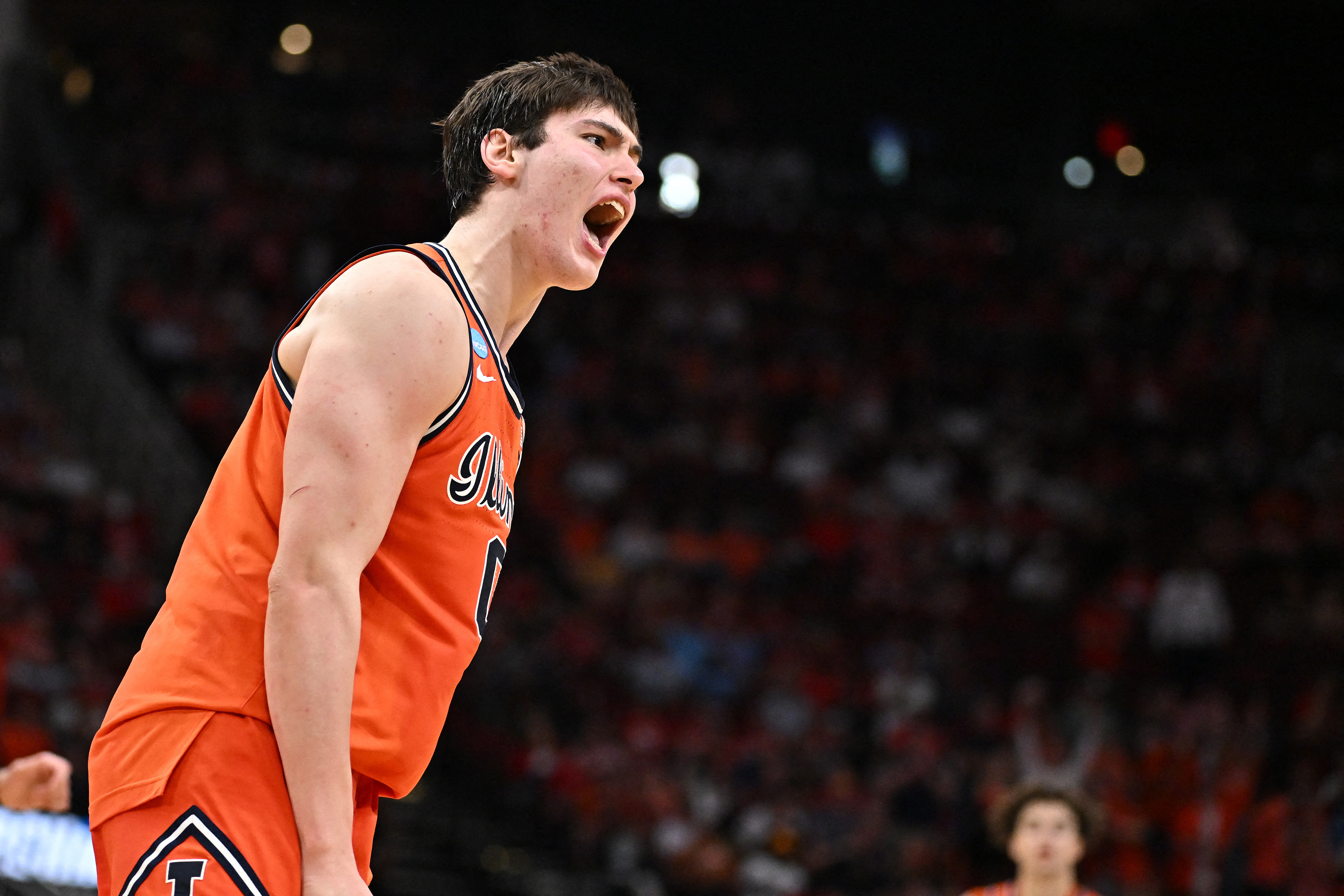 David Mirkovic (0), featured in our Iowa vs. Illinois player props, reacts during a Sweet 16 win.