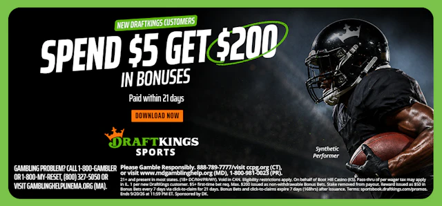 DraftKings Sportsbook new customer offer promo: 'spend $5 get $200 in bonuses.'