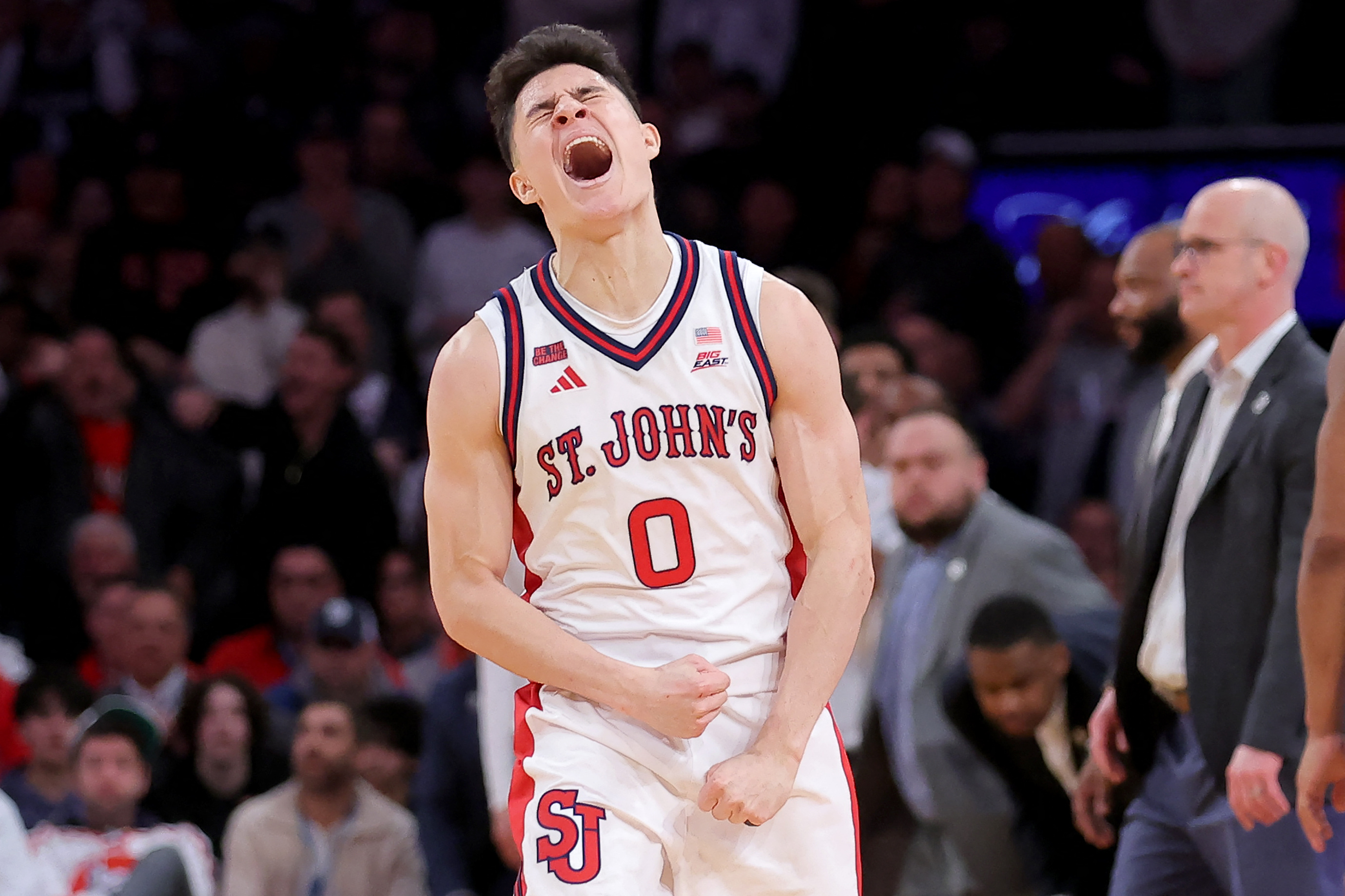 St. John's Red Storm guard Dylan Darling (0) reacts as he is featured in our St. John's vs. Duke player props.