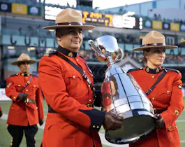 Mounties bring in the Grey Cup before the game between the Calgary Stampeders and the Ottawa Redblacks during the Grey Cup at Commonwealth Stadium on Nov. 25, 2018 in Edmonton, Alberta, Canada. 