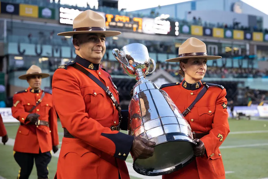 Mounties bring in the Grey Cup before the game between the Calgary Stampeders and the Ottawa Redblacks during the Grey Cup at Commonwealth Stadium on Nov. 25, 2018 in Edmonton, Alberta, Canada. 
