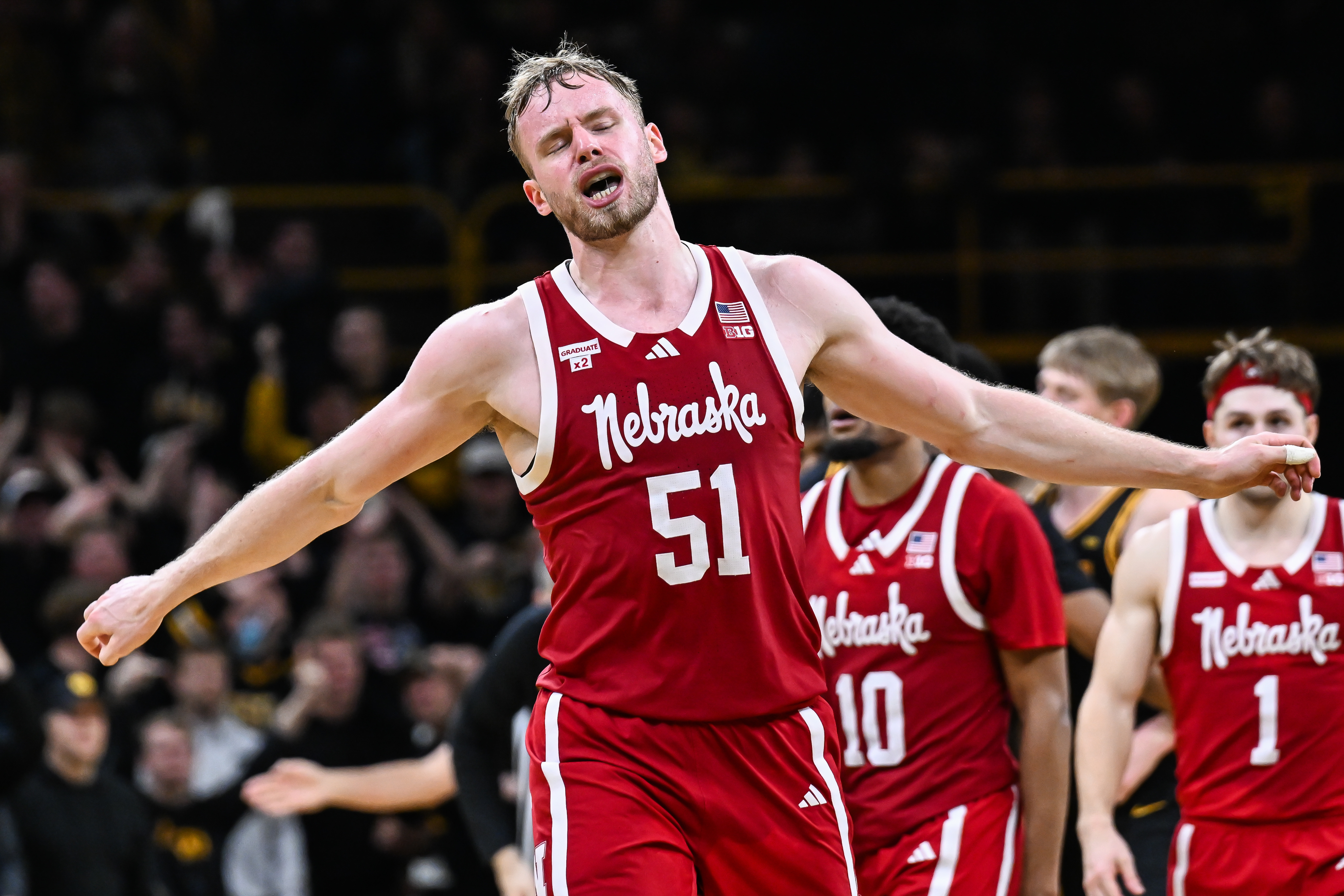 Nebraska forward Rienk Mast (51) reacts after a play as we look at our Iowa vs. Nebraska prediction