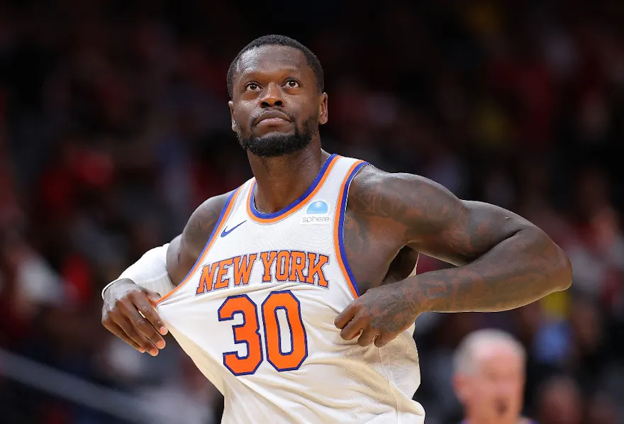 Julius Randle #30 of the New York Knicks reacts after hitting a three-point basket as we look at New York achieving a 15th straight week with a $400 million sports betting handle