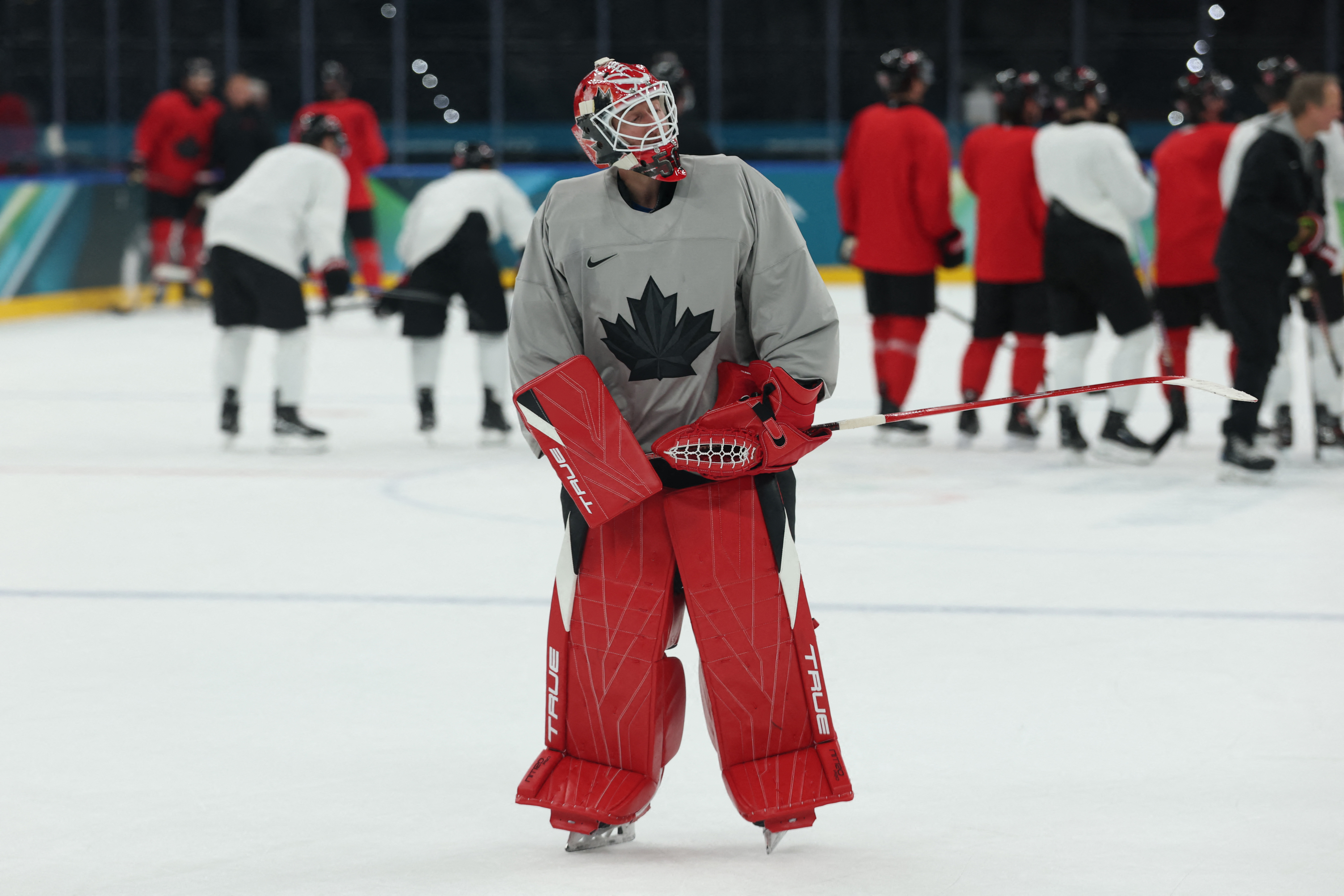 Jordan Binnington of Canada during training as we offer our best Canada vs. Czechia prediction.