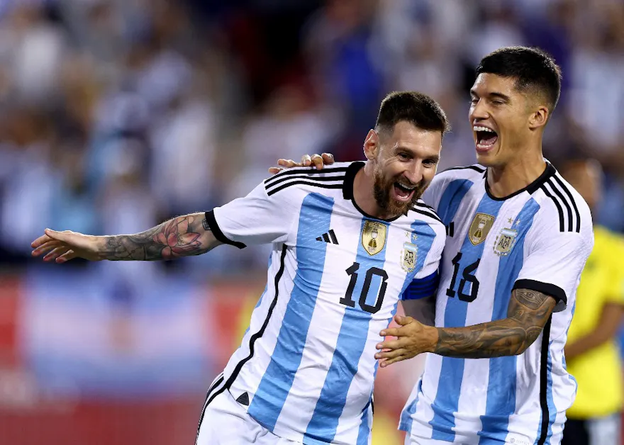 Lionel Messi #10 of Argentina celebrates his goal with teammate Joaquin Correa #16 in the second half against Jamaica at Red Bull Arena on Sept. 27. Argentina defeated Jamaica 3-0. 