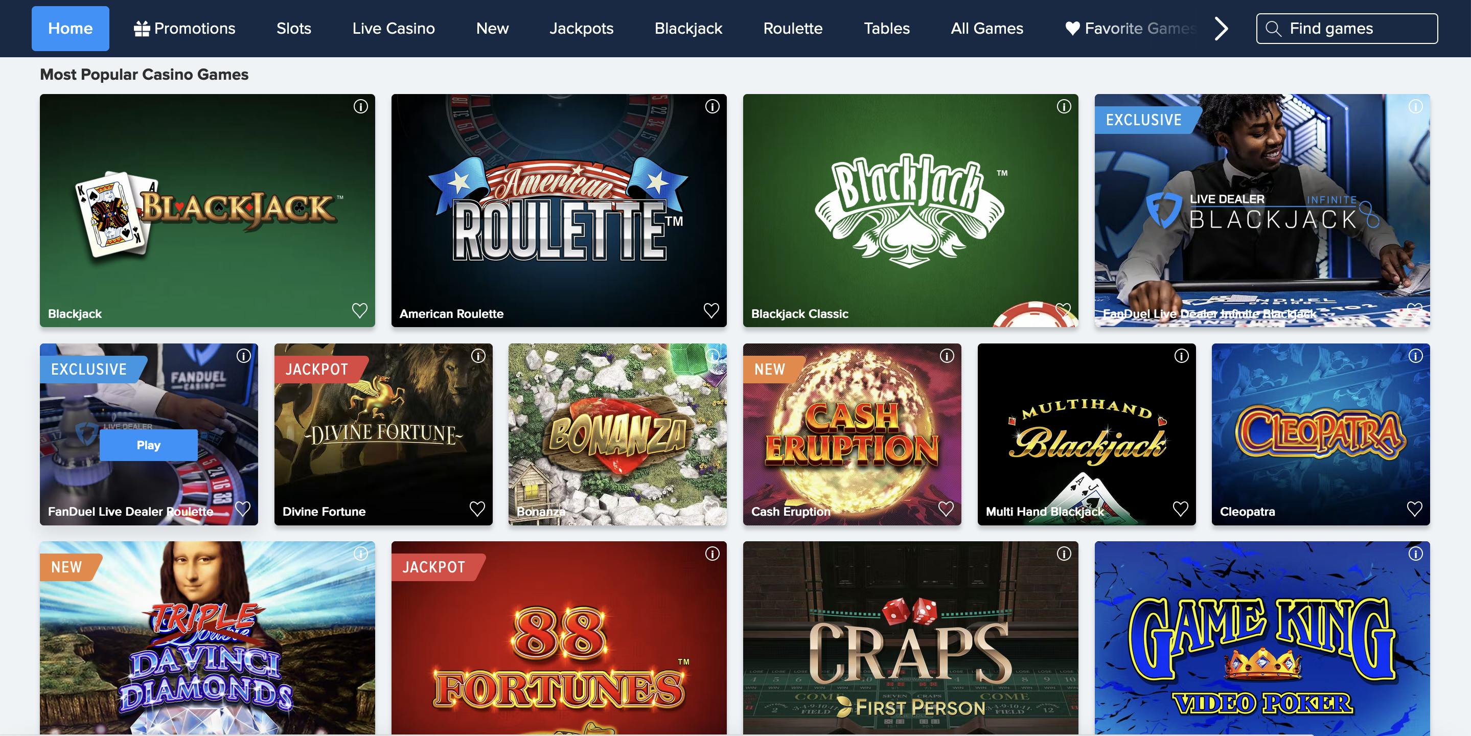 FanDuel Casino home page<br>