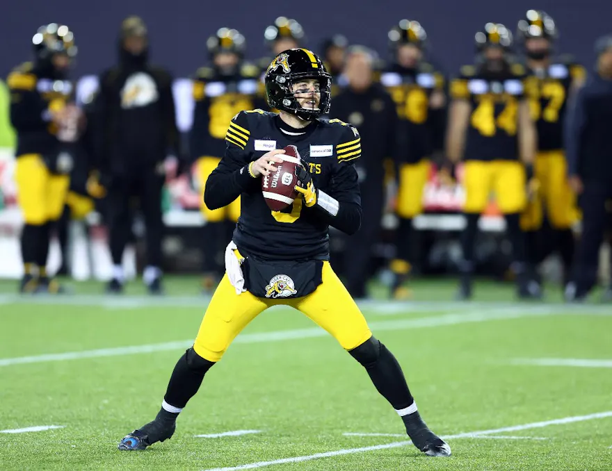 Dane Evans #9 of the Hamilton Tiger-Cats throws the ball during the 108th Grey Cup CFL Championship Game against the Winnipeg Blue Bombers at Tim Hortons Field on December 12, 2021 in Hamilton, Ontario, Canada.