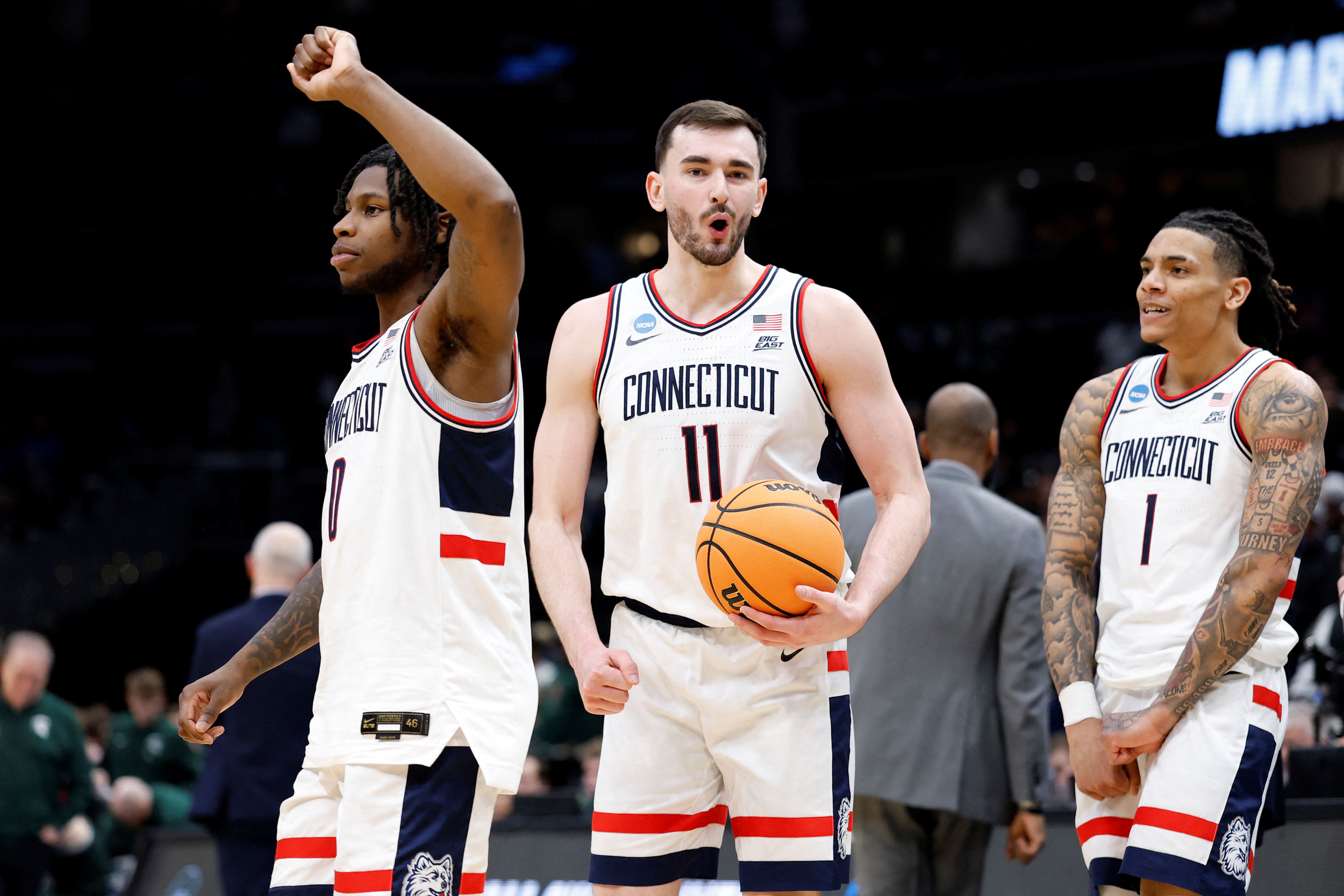 UConn Huskies forward Alex Karaban reacts, and he's featured in our UConn vs. Duke prediction.