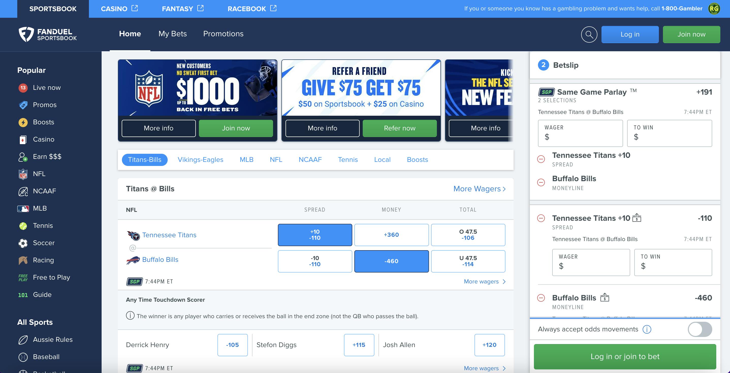 FanDuel Sportsbook home page<br>