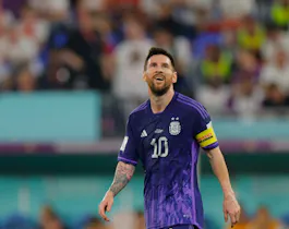 Argentina's Lionel Messi reacts during the Qatar 2022 World Cup Group C football match against Poland.