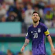 Argentina's Lionel Messi reacts during the Qatar 2022 World Cup Group C football match against Poland.