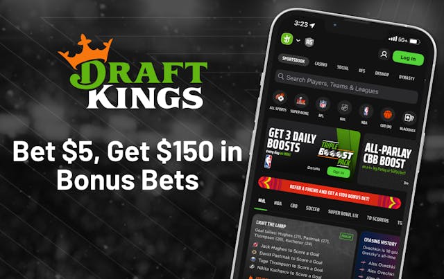 DraftKings Sportsbook welcome offer of Bet $5, Get $150 in Bonus Bets, alongside a mobile phone showing the DraftKings app.