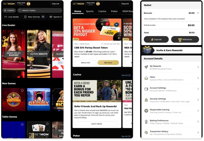 Screenshot of BetMGM Casino mobile app.