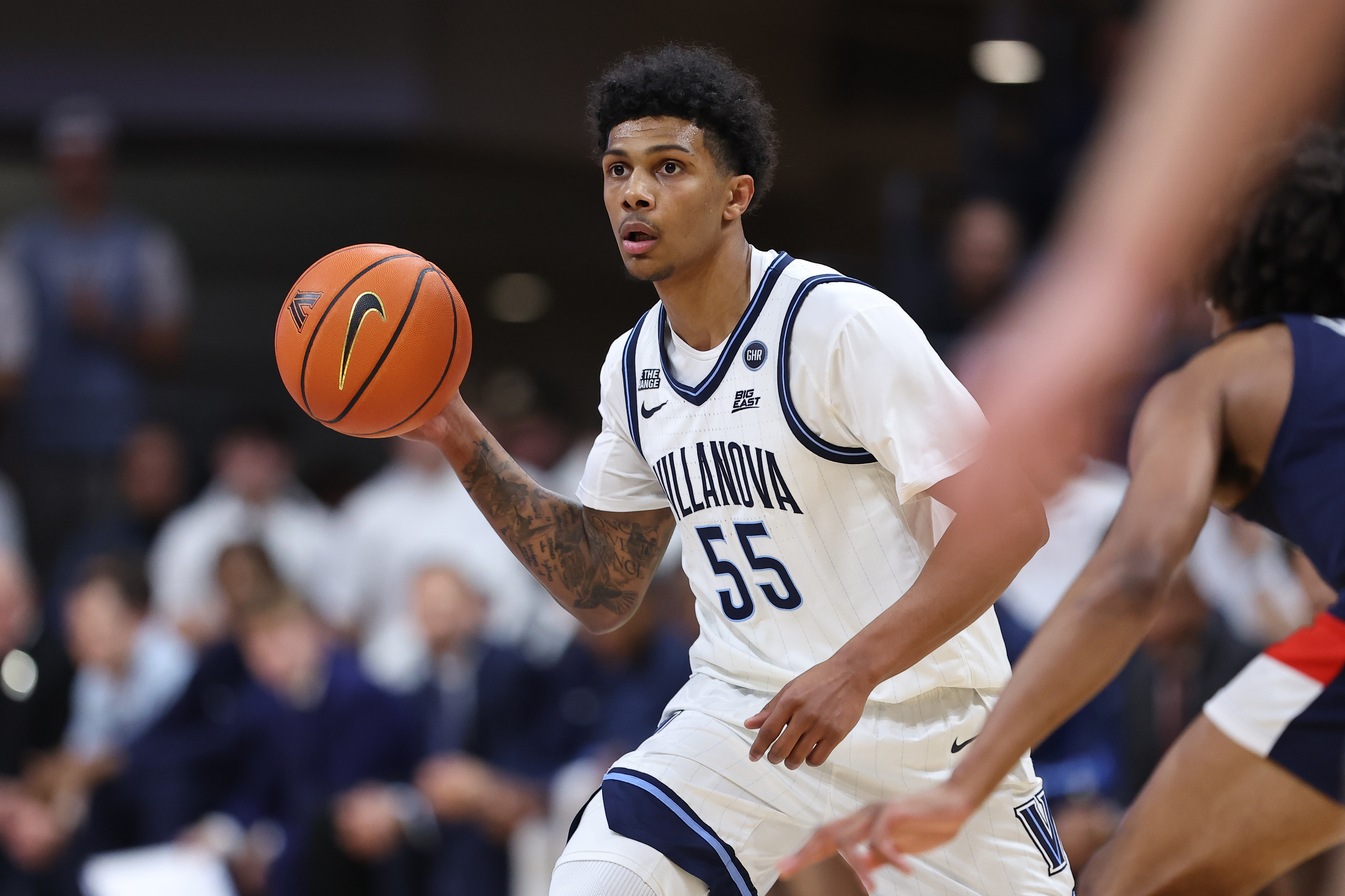 Villanova guard Acaden Lewis (55) controls the ball as we offer our Wisconsin vs. Villanova predictions.