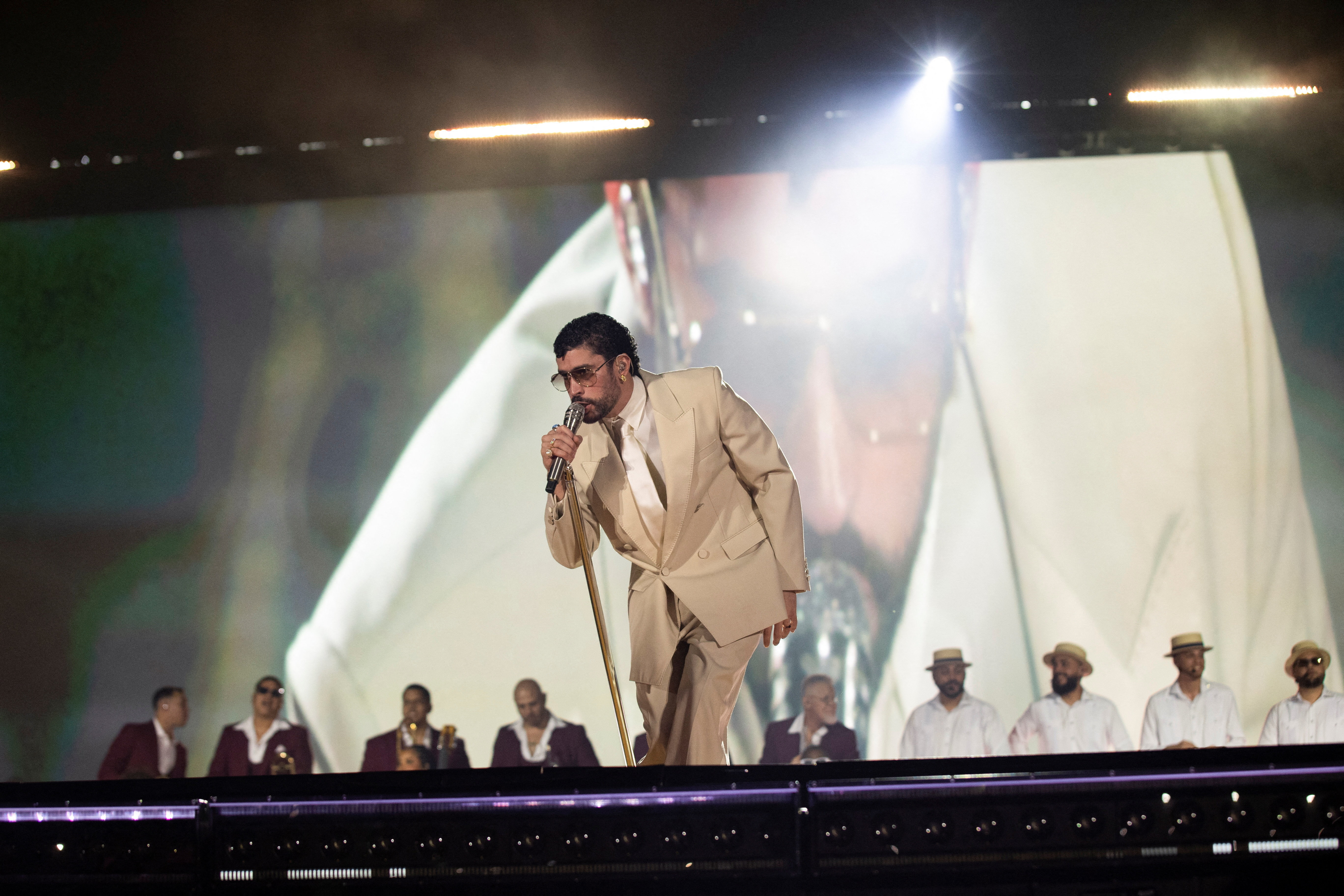 Singer Bad Bunny performs as we break down the Super Bowl halftime show prop bets.