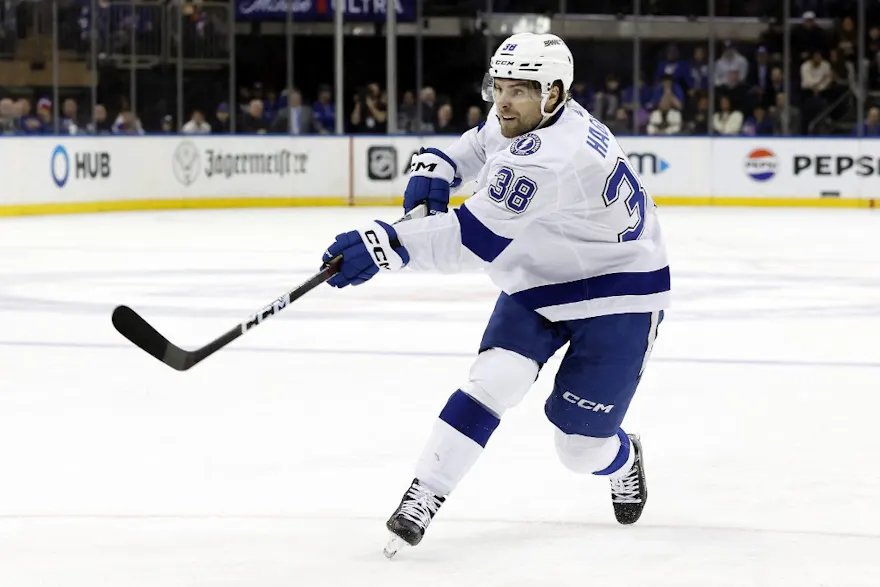 Brandon Hagel #38 of the Tampa Bay Lightning controls the puck as we make our NHL best bets and player props for Saturday.