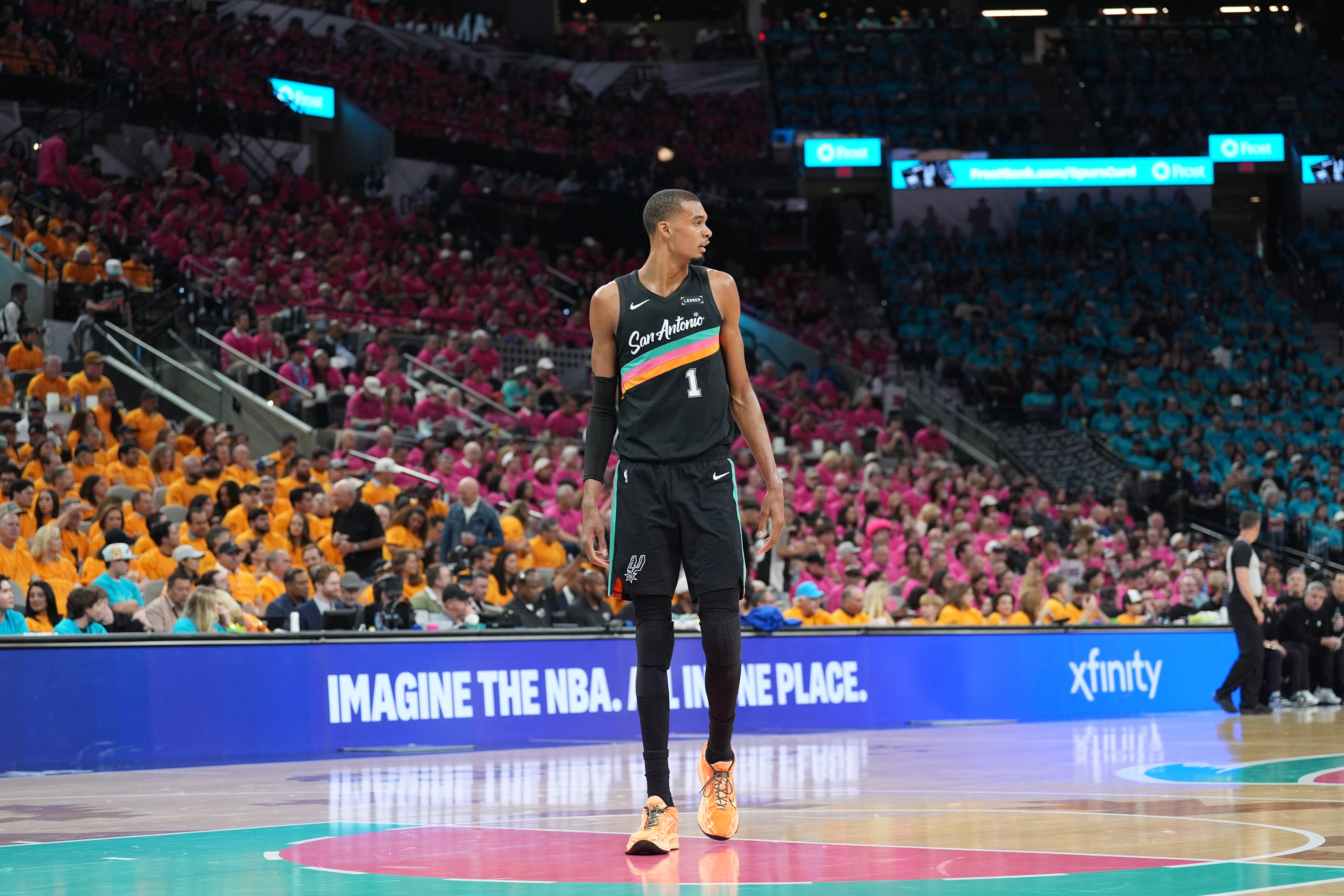 San Antonio Spurs forward Victor Wembanyama (1) walks up the court as we break down our Timberwolves vs. Spurs player props.