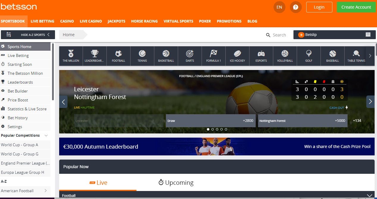 Betsson Sportsbook Homepage