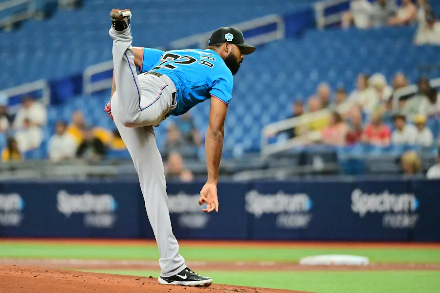 Sandy Alcantara #22 of the Miami Marlins pitches as we look at our WBC best bets for Saturday.