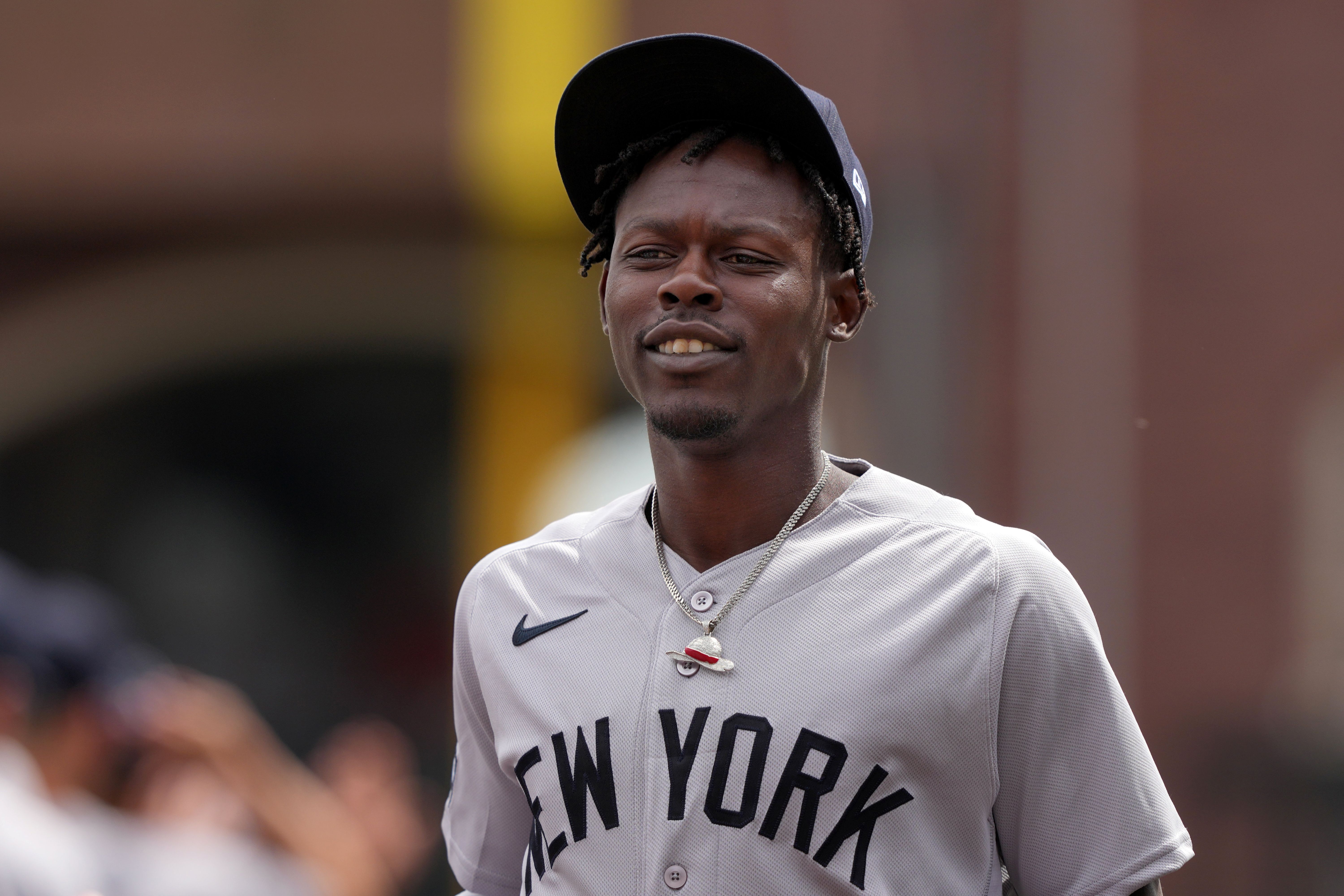 New York Yankees second baseman Jazz Chisholm Jr. before a game, and he's key as we look at the A's vs. Yankees win probability.