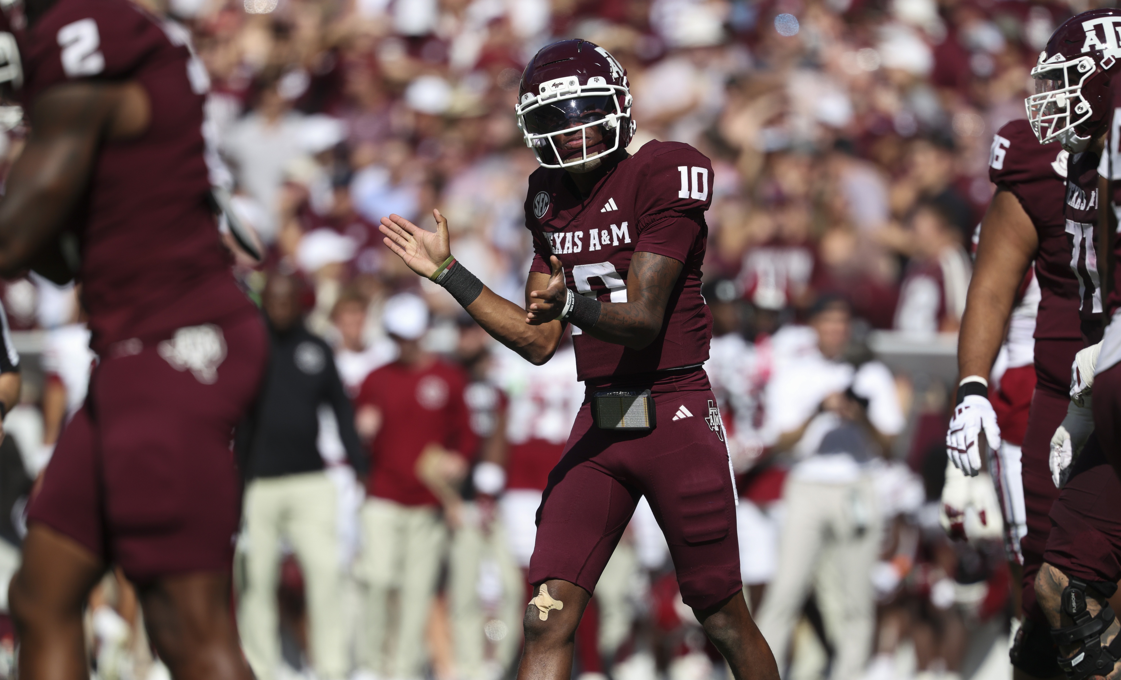 Texas A&M Aggies quarterback Marcel Reed (10) reacts, and he's featured in our Miami vs. Texas A&M player props.