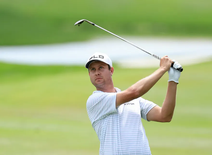 Harris English of the United States plays his second shot as we make our Valero Texas Open picks