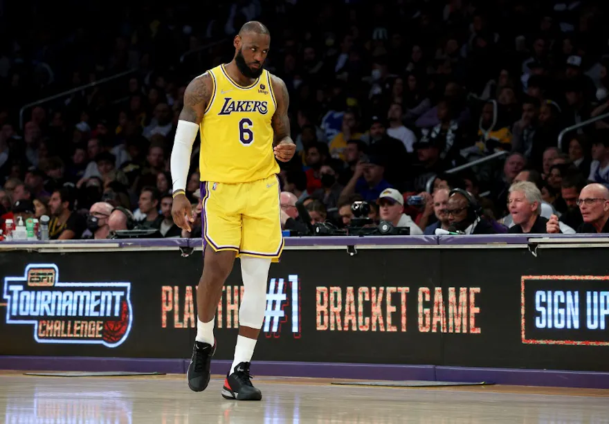 LeBron James of the Los Angeles Lakers walks back on to the court after a timeout during a 124-116 win over the Golden State Warriors at Crypto.com Arena in Los Angeles, California. Photo by Harry How /Getty Images via AFP.