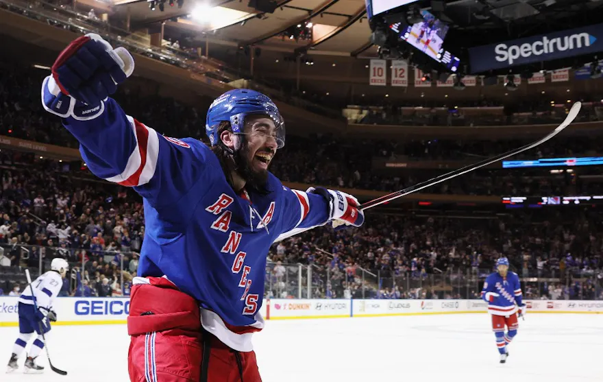 Mika Zibanejad of the New York Rangers scores his hat trick goal against the Tampa Bay Lightning at Madison Square Garden on Jan. 02, 2022 in New York City.