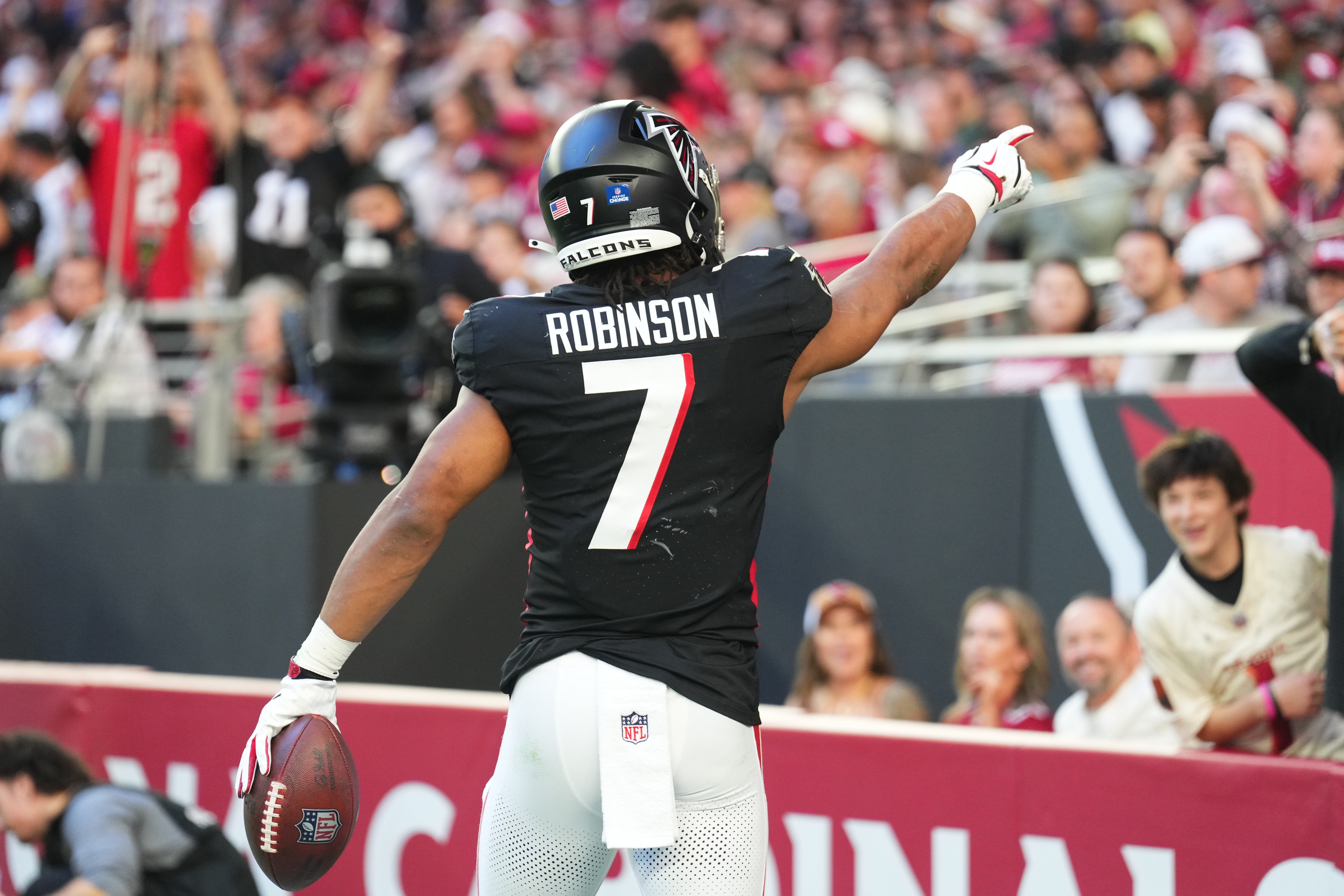 Atlanta Falcons running back Bijan Robinson (7) reacts as we break down our best Bijan Robinson player prop picks for Monday Night Football.