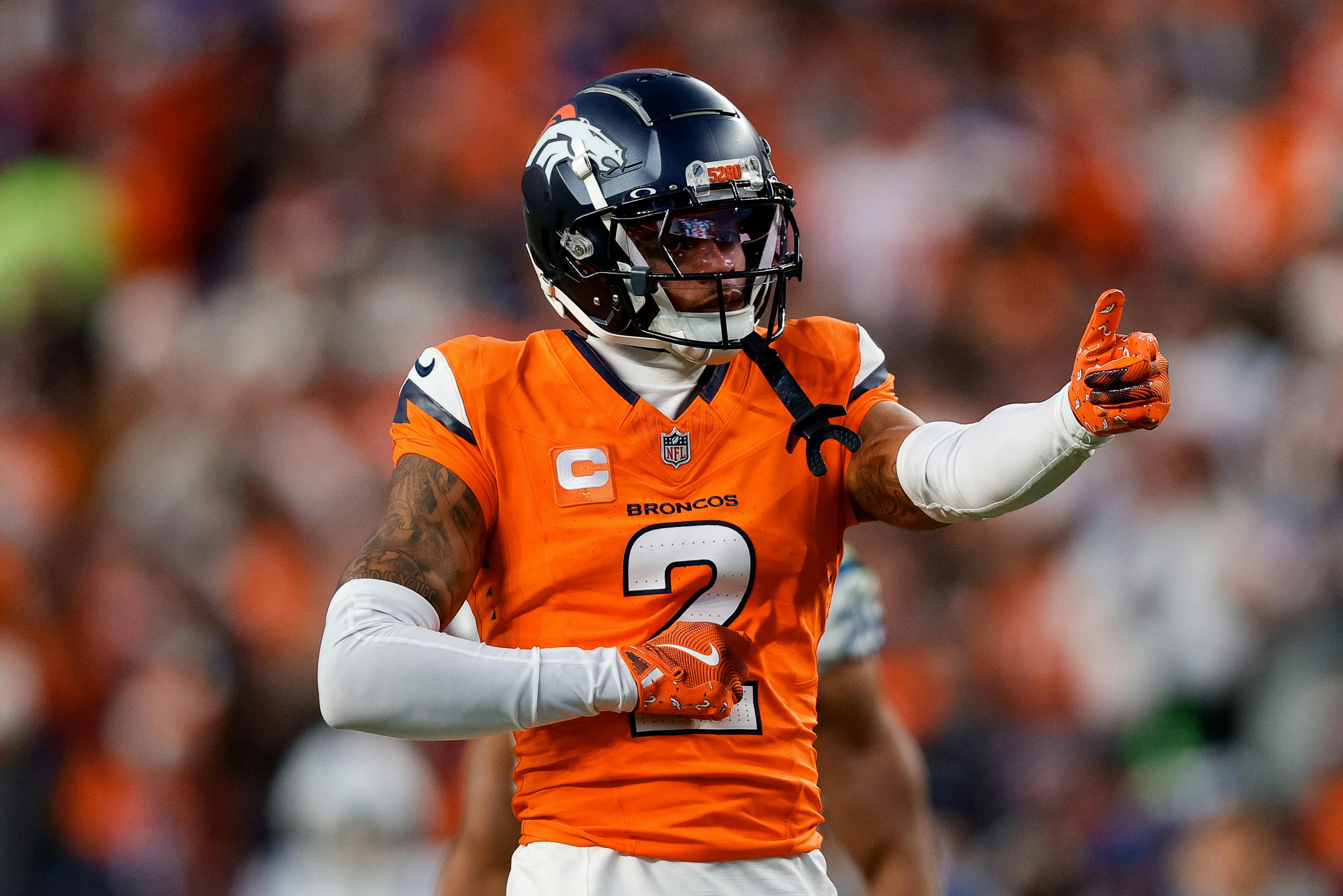 Denver Broncos cornerback Pat Surtain II gestures after a play in the third quarter against the Indianapolis Colts as we analyze the 2024-25 Defensive Player of the Year odds. 