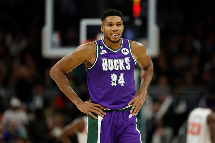 Giannis Antetokounmpo of the Milwaukee Bucks smiles during a game against the New York Knicks, and we offer new U.S. bettors our exclusive BetRivers bonus code.