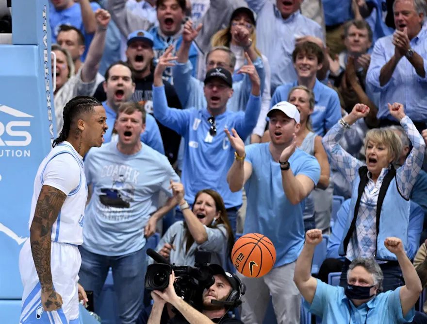 Armando Bacot of the North Carolina Tar Heels reacts after a dunk against the Duke Blue Devils during the first half of their game as we look at the North Carolina mobile sports betting bill.