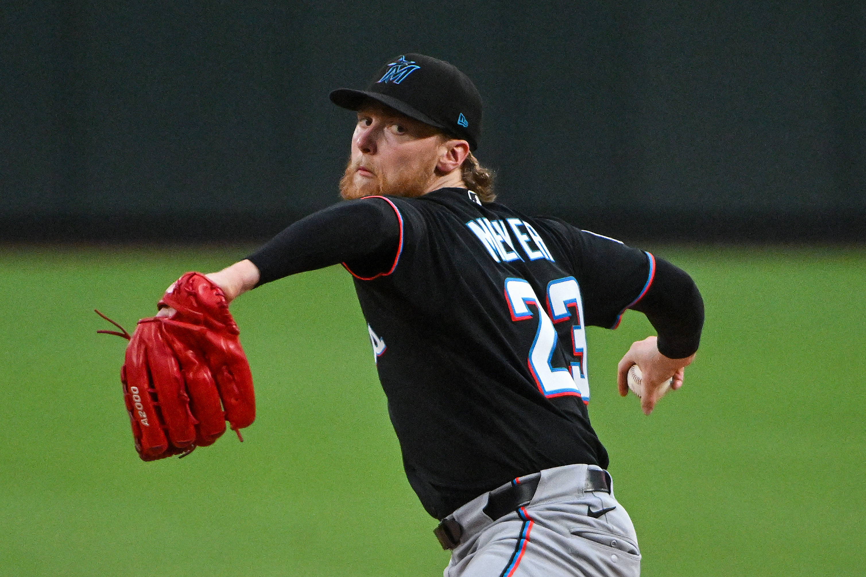 Miami Marlins starting pitcher Max Meyer (23) pitches as we break down the best NRFI bets today.