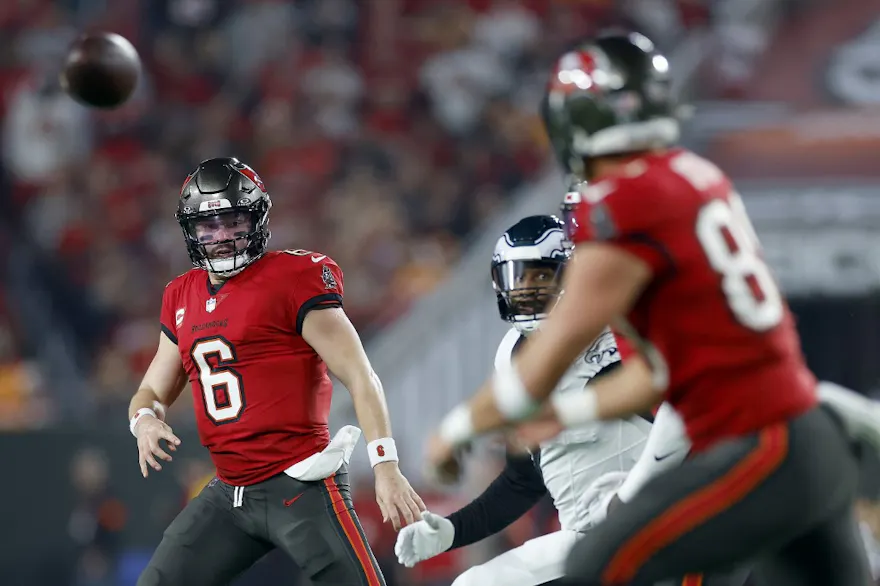 Baker Mayfield of the Tampa Bay Buccaneers throws a pass against the Philadelphia Eagles, and we offer our top Buccaneers vs. Lions player props based on the best NFL odds.