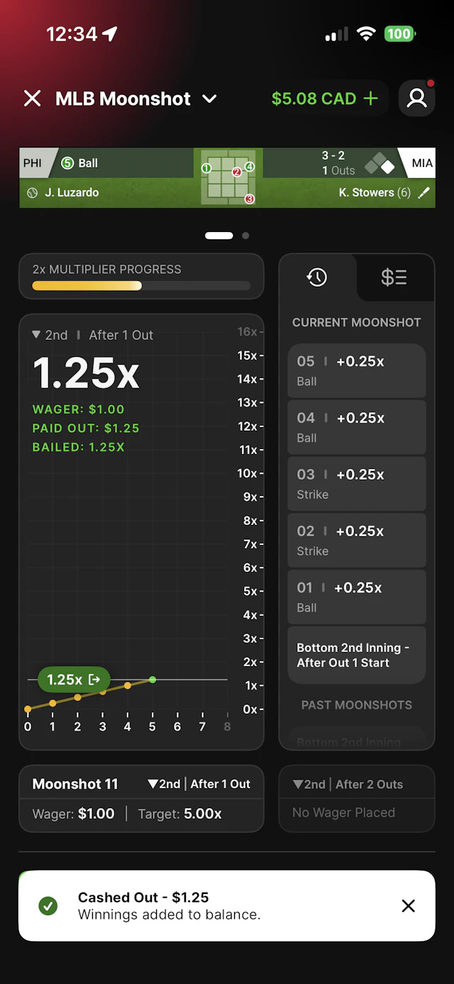 DraftKings Moonshot bet placed on July 29, 2026 showing a cash out at 1.25x multiplier.