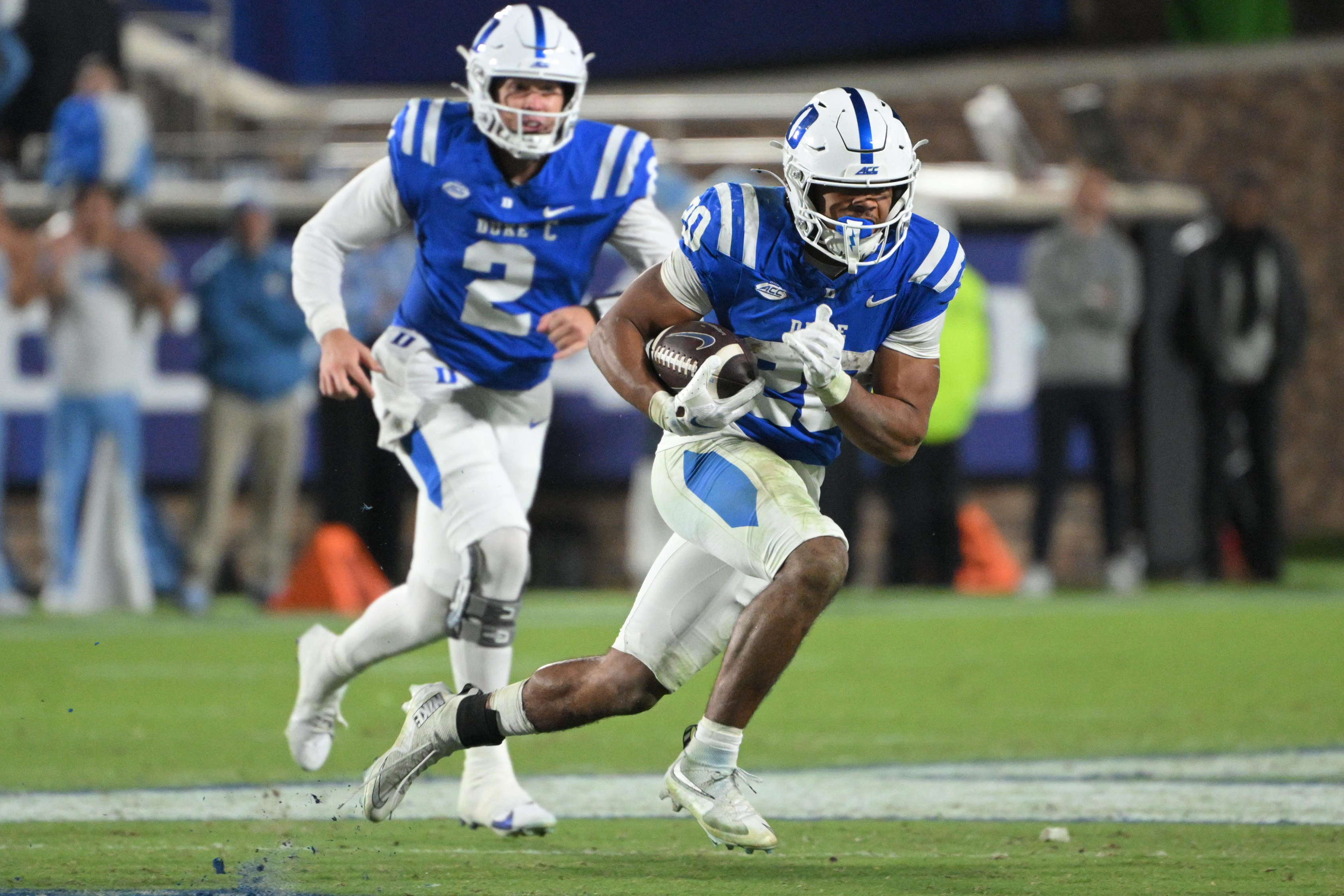 Pictured: Blue Devils running back Nate Sheppard in action as we break down our Duke vs. Virginia Prediction. Photo by Zachary Taft-Imagn Images.